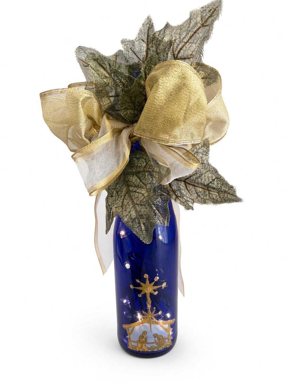 Cobalt Blue Lighted Wine Bottle Nativity Scene Christmas Decor Gold Ribbon Lamp